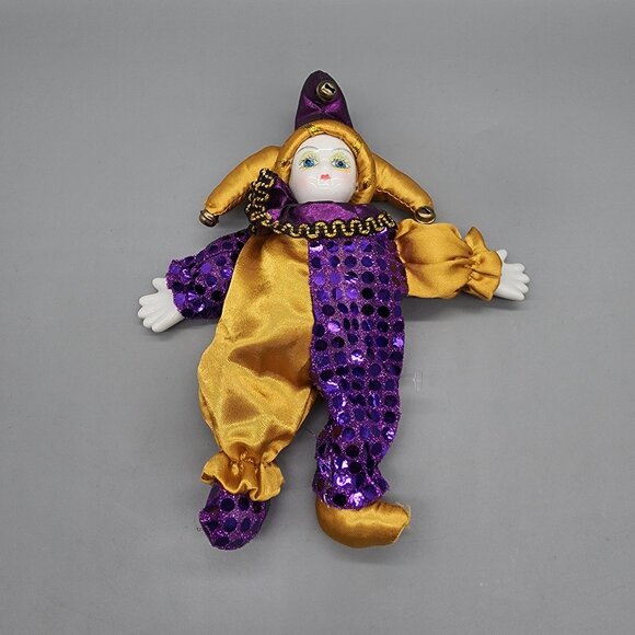 Vintage Porcelain Clown Doll Jester Mardi Gras Harlequin 8" Purple Gold - Picture 5 of 6